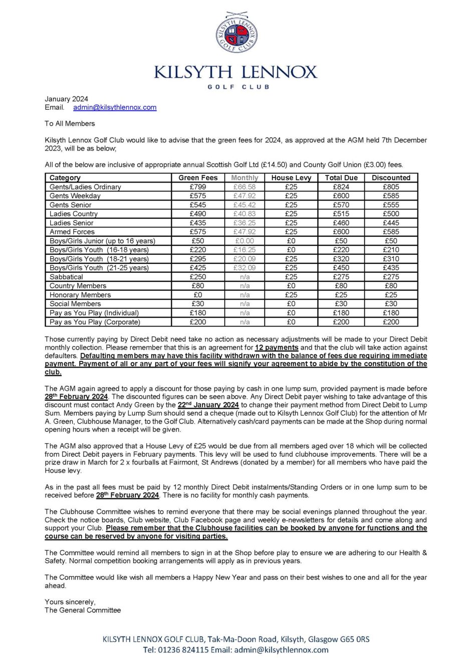 Membership Fees Letter with Categories & how to pay details Kilsyth